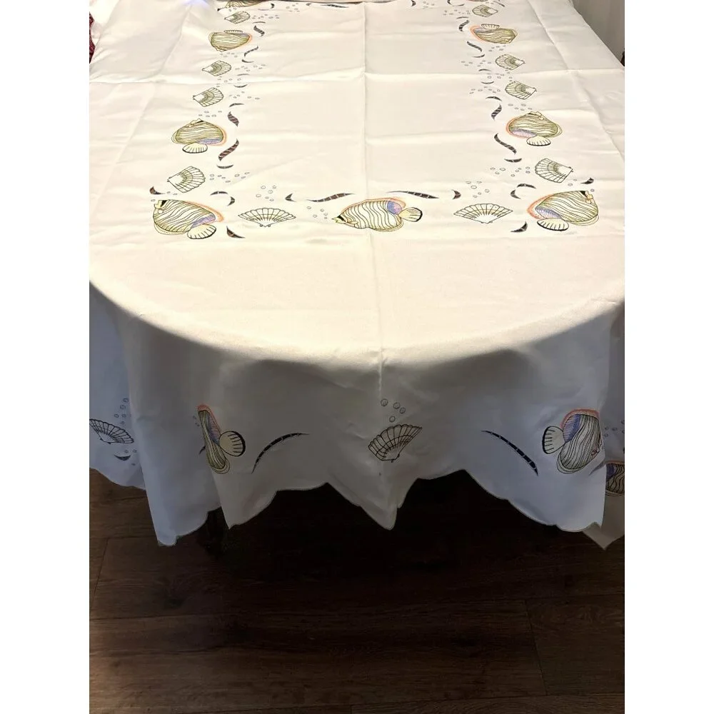 Embroidered Fish &‎ Shells Sheen Tablecloth 68x86